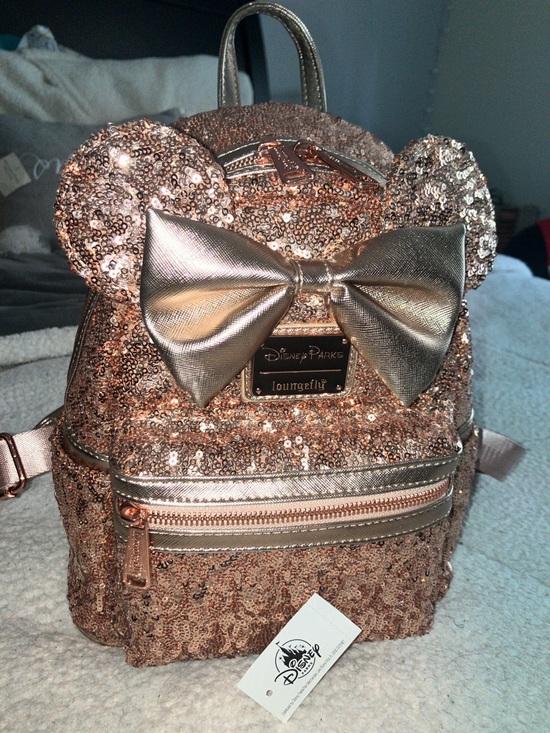 Loungefly Handbags - Loungefly Rose Gold Sequin Mini Backpack with Metallic Bow